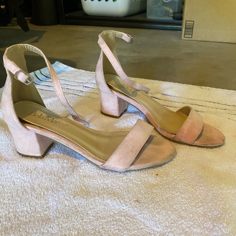 Bella Marie Blush Pink Suede Mid Block Heel Ankle Strap Sandals